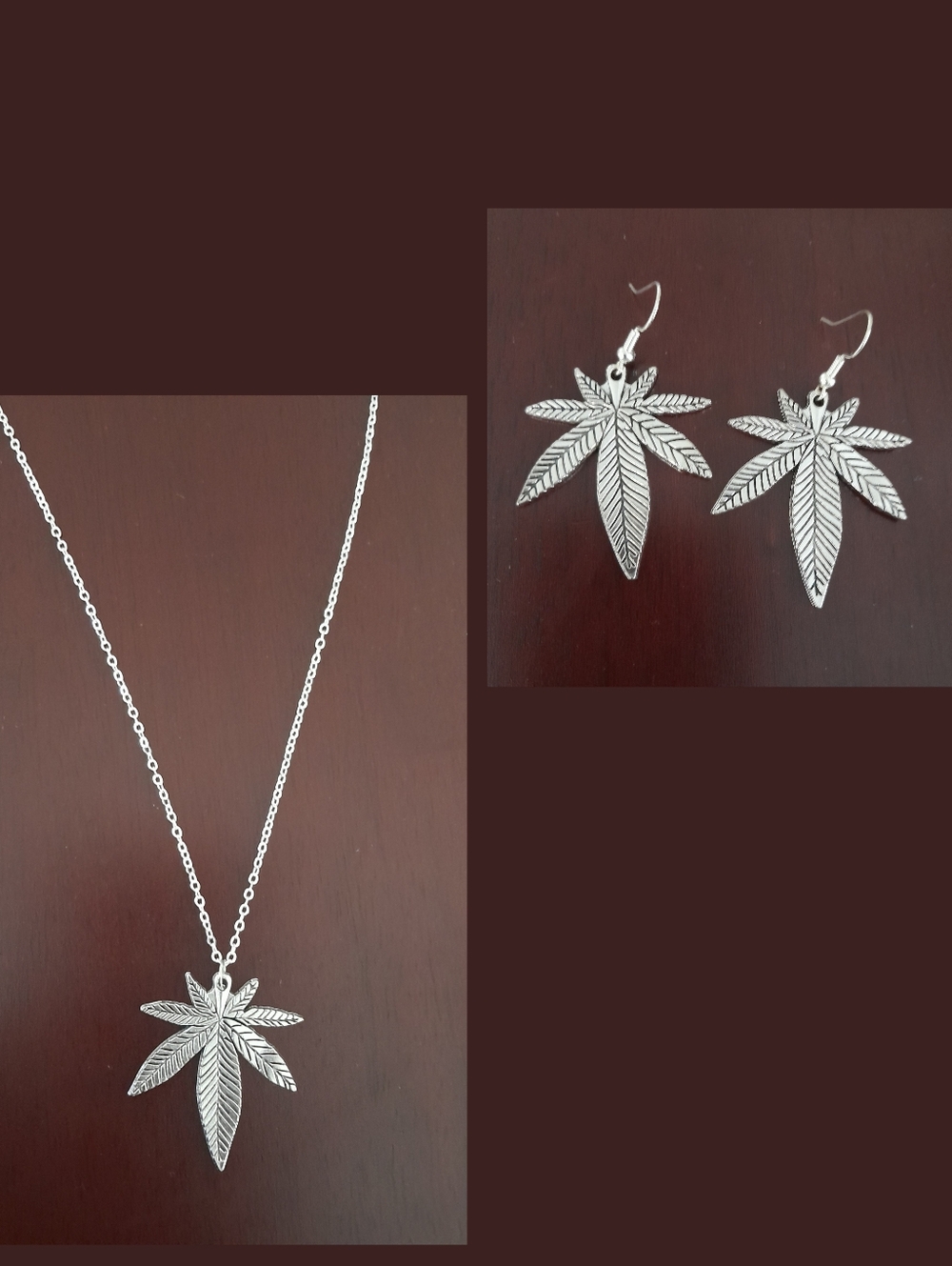 Silver Plated Pot Leaf Pendant Necklace and Earrings Set